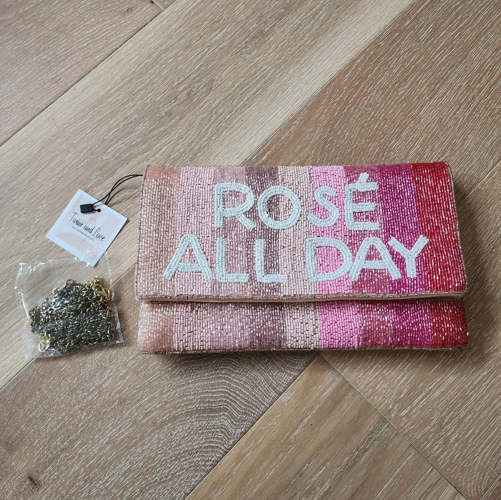 Pink and Gold 'Rosé All Day' Clutch With Chain Strap NWT